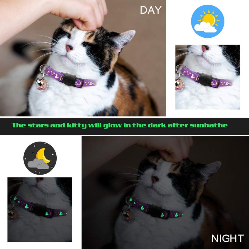 Baeuppit 2PCS Breakaway Cat Collars with Bell Moons Stars Cute Kitty Adjustable Safe Kitten Collars with Pendant Glow in The Dark(Black&Purple) - Image 5